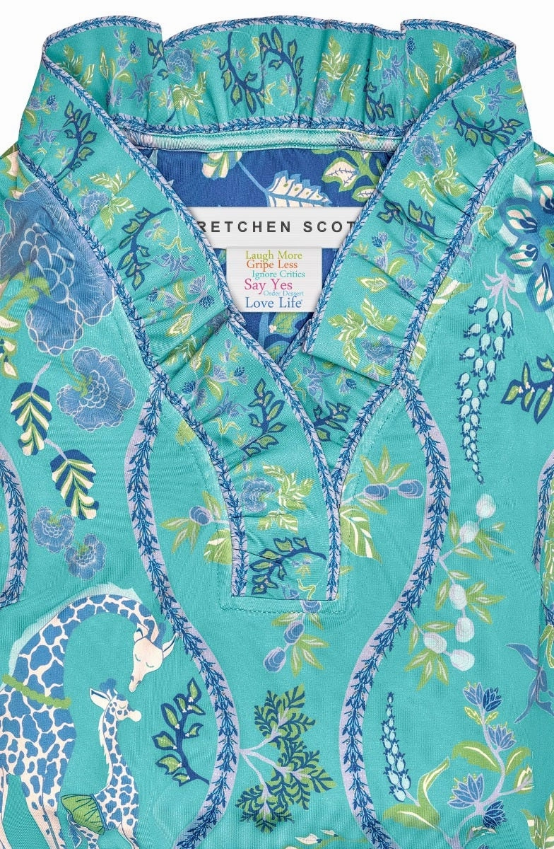 Gretchen Scott Ruff Neck Jersey Dress - Jungle Symphony - Turquoise/White