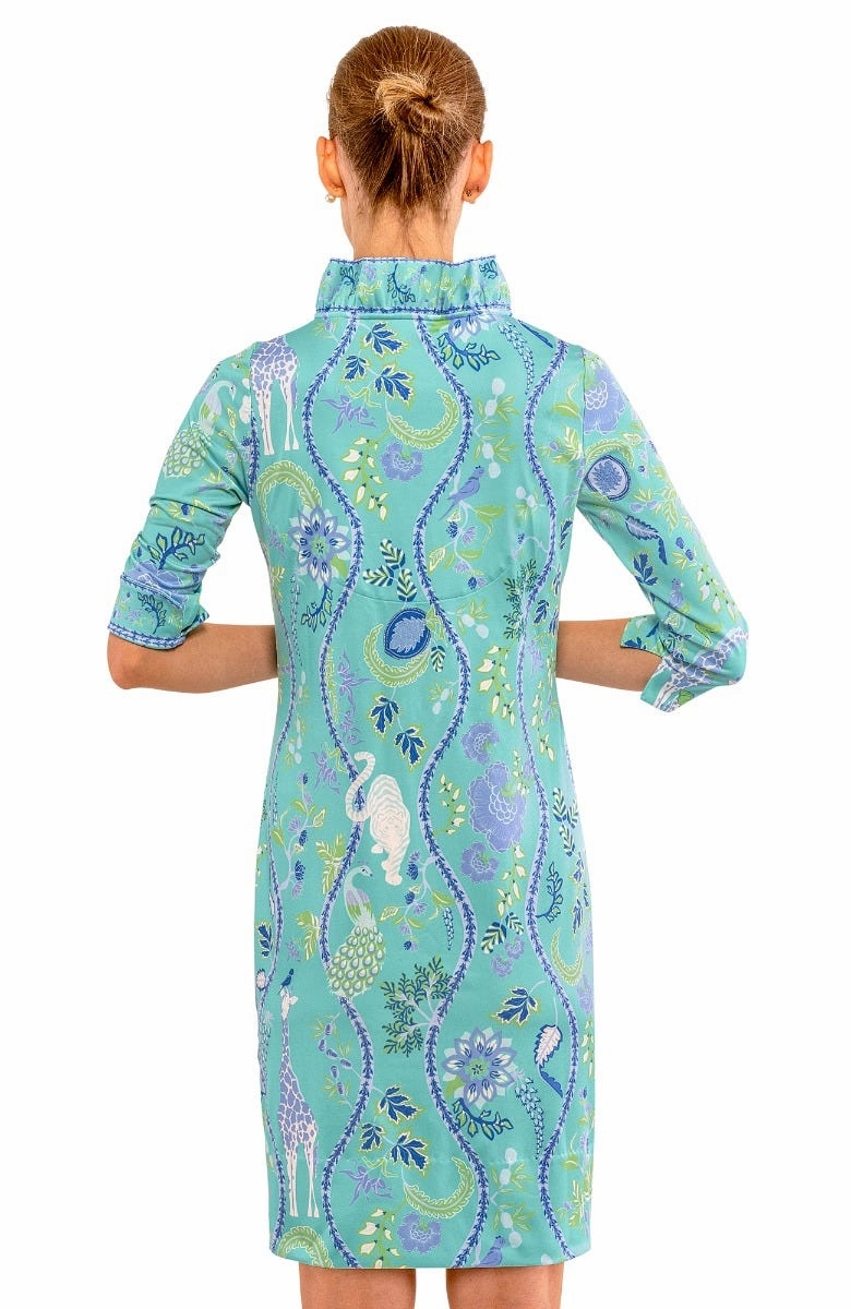 Gretchen Scott Ruff Neck Jersey Dress - Jungle Symphony - Turquoise/White