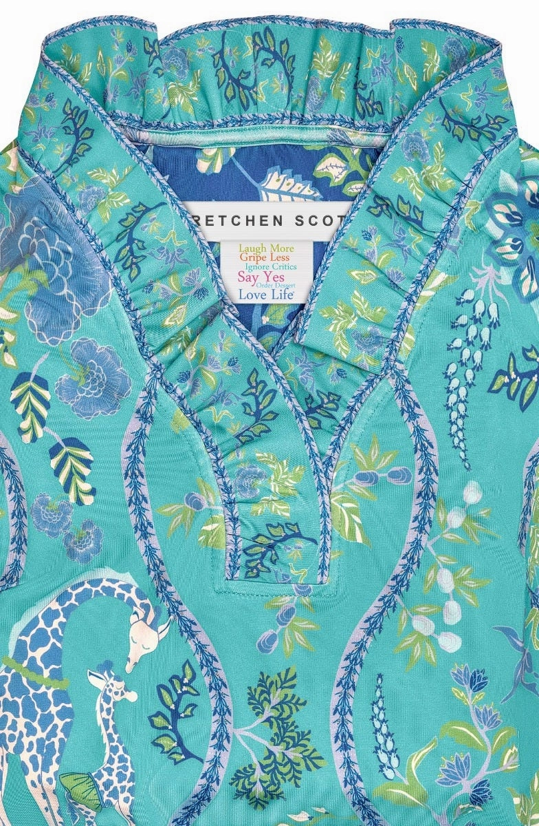Gretchen Scott Ruff Neck Jersey Dress - Jungle Symphony - Turquoise/White
