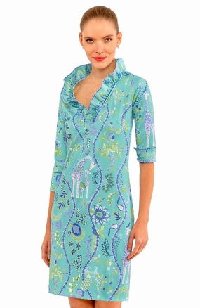 Gretchen Scott Ruff Neck Jersey Dress - Jungle Symphony - Turquoise/White summer dresses best deals