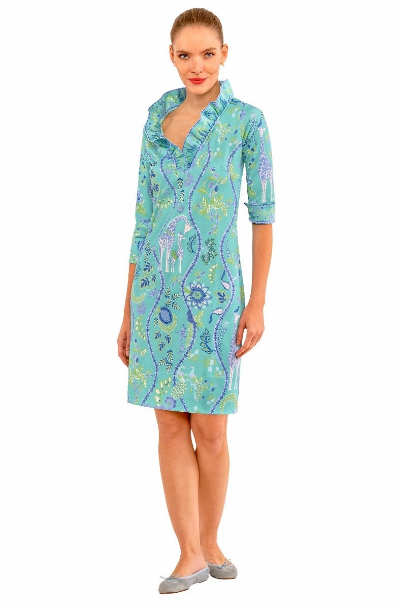 Gretchen Scott Ruff Neck Jersey Dress - Jungle Symphony - Turquoise/White