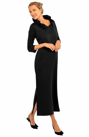 Gretchen Scott Ruff Neck Maxi Dress - Solid Black womens gowns outlet