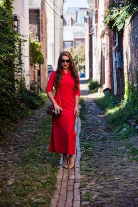 Gretchen Scott Ruff Neck Maxi Dress - Solid Crimson discount party dresses