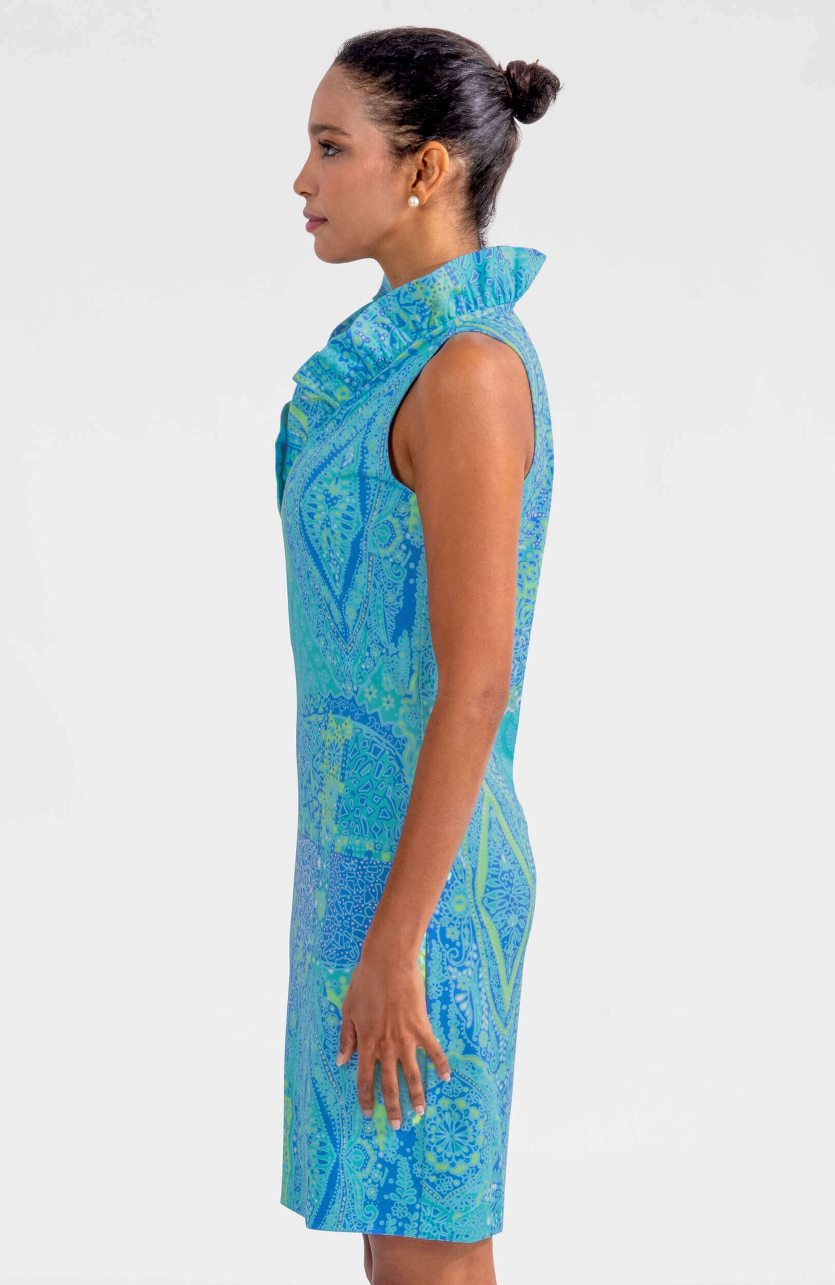 Gretchen Scott Ruff Neck Sleeveless Jersey Dress - Grand Bazaar - Turquoise