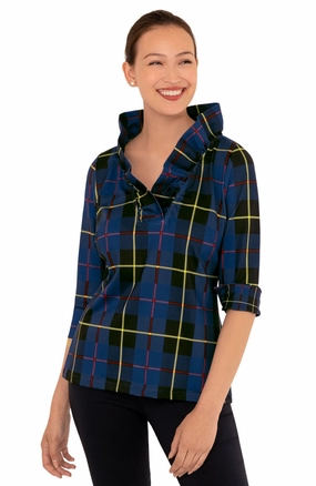 Gretchen Scott Ruff Neck Top - Plaidly Cooper - Blue Plaid summer dresses best deals