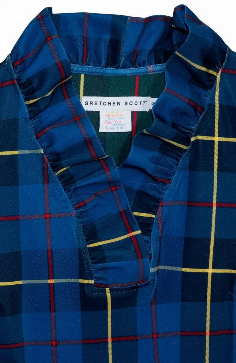Gretchen Scott Ruff Neck Top - Plaidly Cooper - Blue Plaid