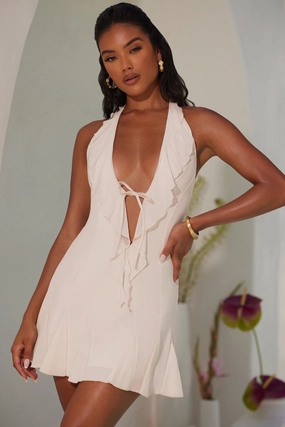 Halter Neck Ruffle A-Line Mini Dress in Ivory Dresses - lace dresses best price