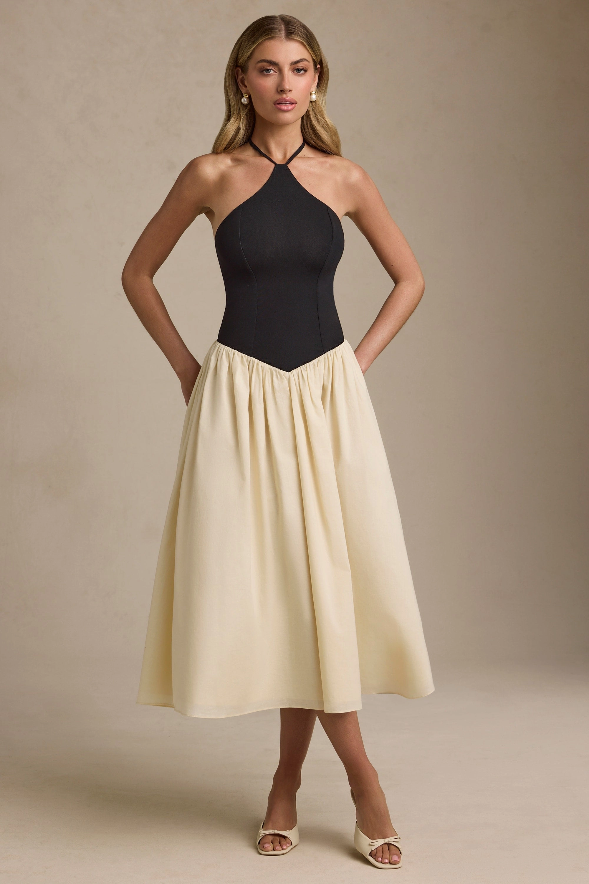 Halterneck A-Line Midaxi Dress in Black Dresses - sundresses outlet