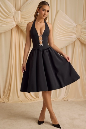 Halterneck Bow-Detail Midi Dress in Black Dresses - sundresses outlet