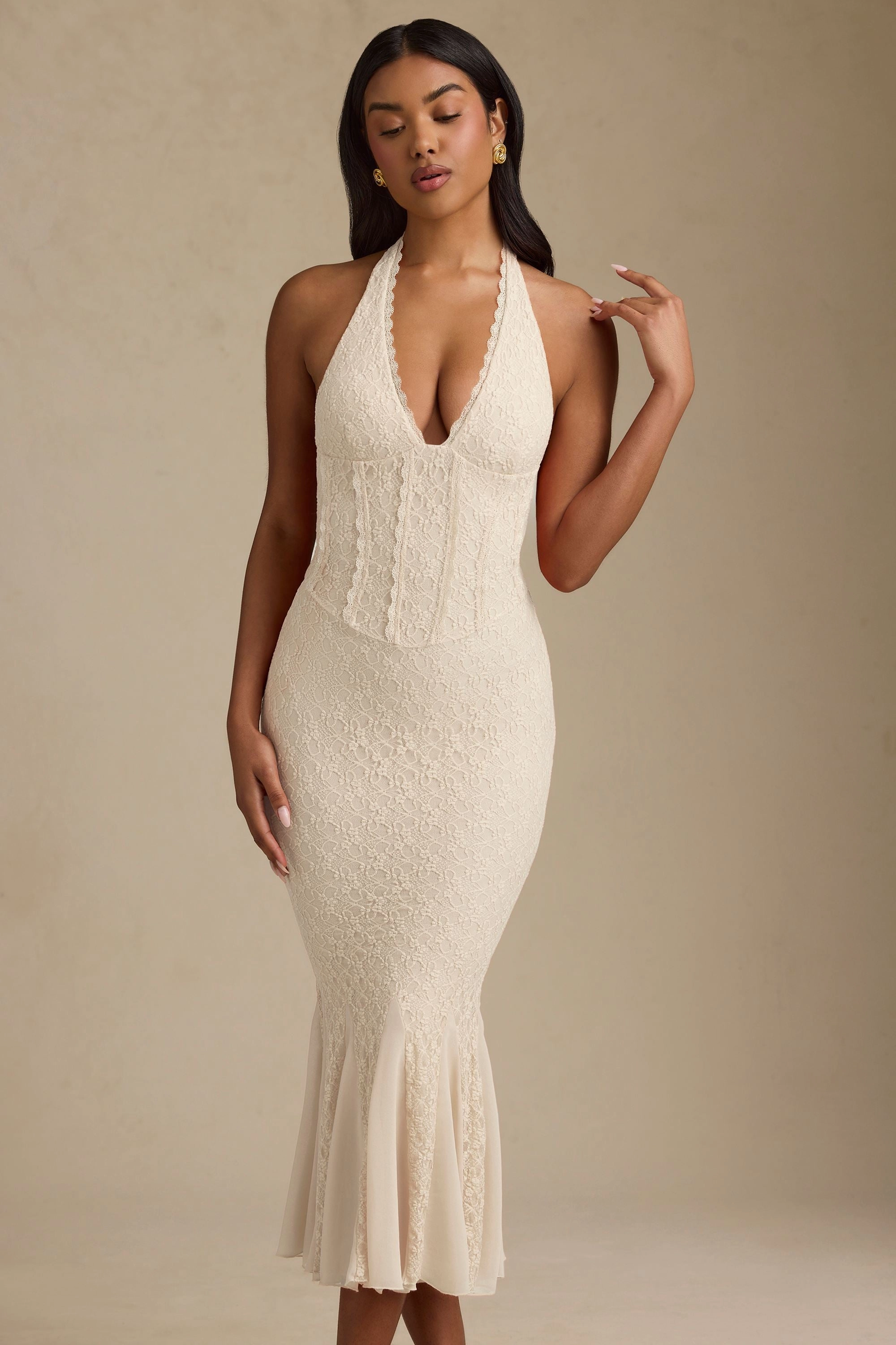 Halterneck Corset Lace Midaxi Dress in Ivory Dresses - sundresses outlet