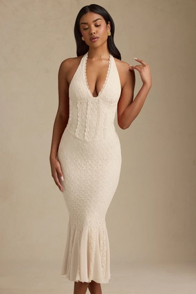 Halterneck Corset Lace Midaxi Dress in Ivory Dresses - sundresses outlet