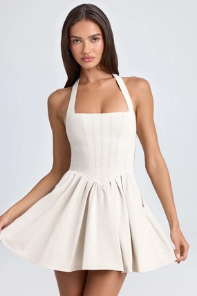 Halterneck Corset Micro Mini Dress in Ecru Dresses - wrap dresses discount