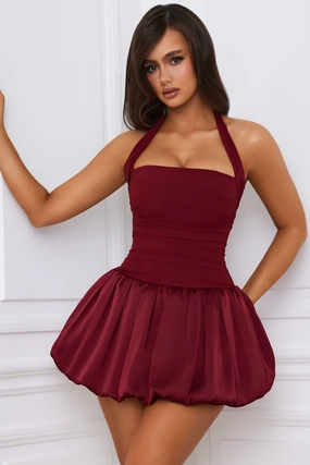 Halterneck Lace-Up Bubble Hem Corset Micro Mini Dress in Berry Red Dresses - wrap dresses discount