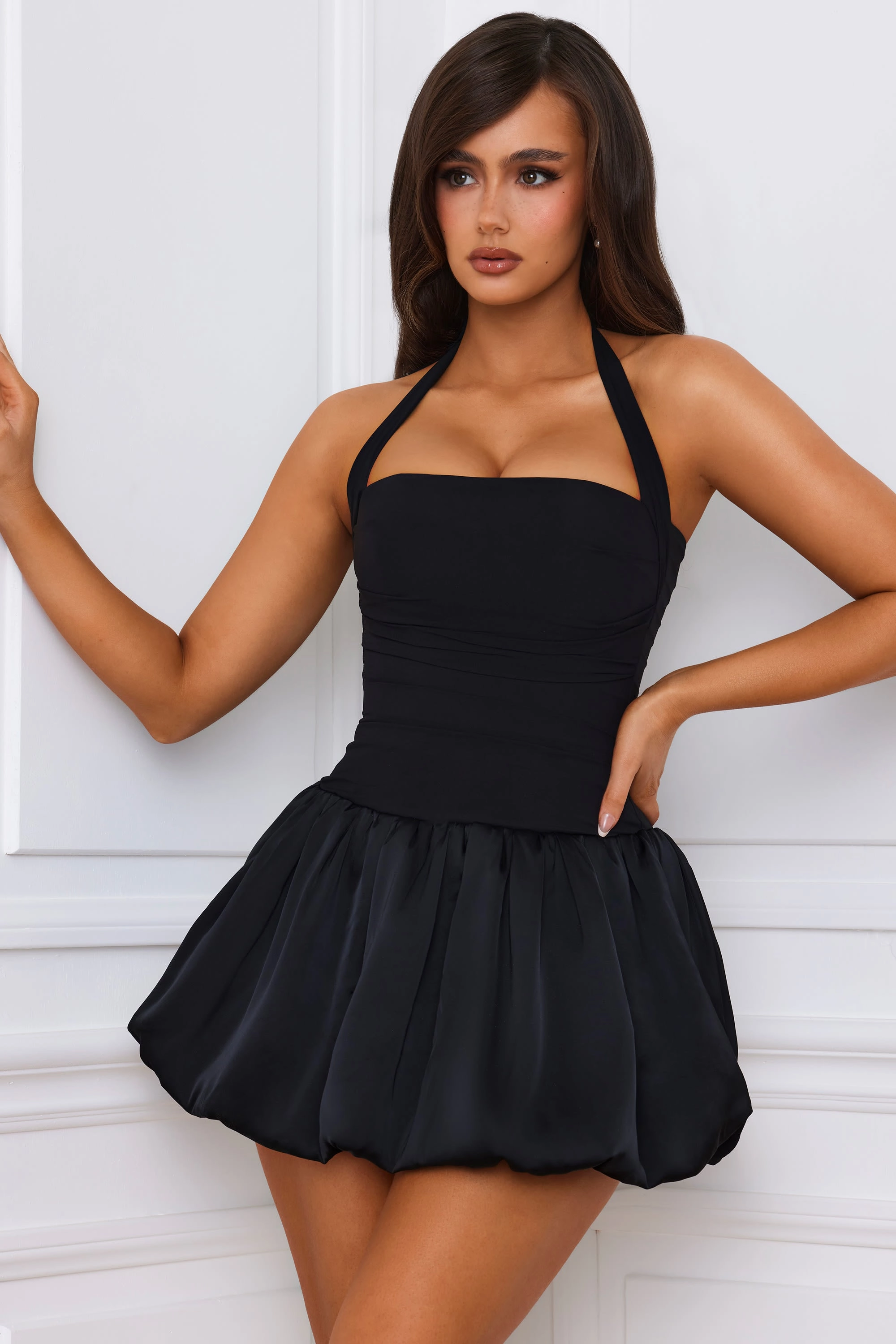 Halterneck Lace-Up Bubble Hem Corset Micro Mini Dress in Black Dresses - sundresses outlet
