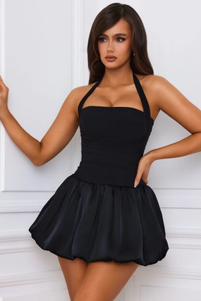 Halterneck Lace-Up Bubble Hem Corset Micro Mini Dress in Black Dresses - sundresses outlet