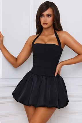 Halterneck Lace-Up Bubble Hem Corset Micro Mini Dress in Black Dresses - wrap dresses discount