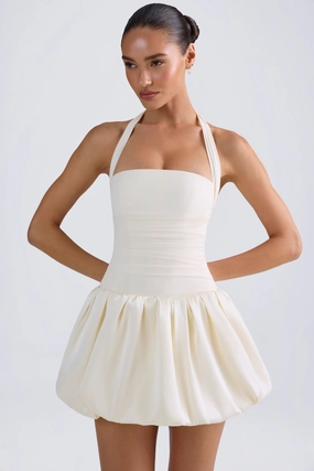 Halterneck Lace-Up Bubble Hem Corset Micro Mini Dress in Ivory Dresses - lace dresses best price