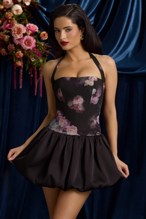 Halterneck Lace-Up Bubble Hem Mini Dress in Black Floral Print Dresses - wrap dresses discount