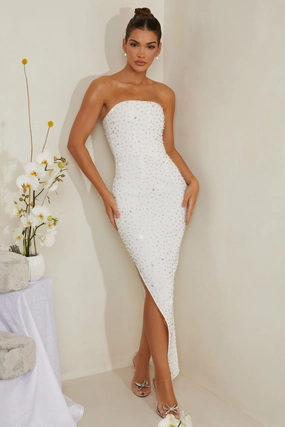Hand Embellished Asymmetric Midi Dress in White Dresses - midi dresses clearance