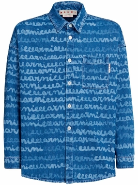 Handwriting-Print Denim Shirt mens polos clearance
