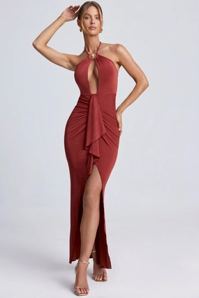 Hardware Detail Cut-Out Halterneck Maxi Dress in Auburn Brown Dresses - sundresses outlet