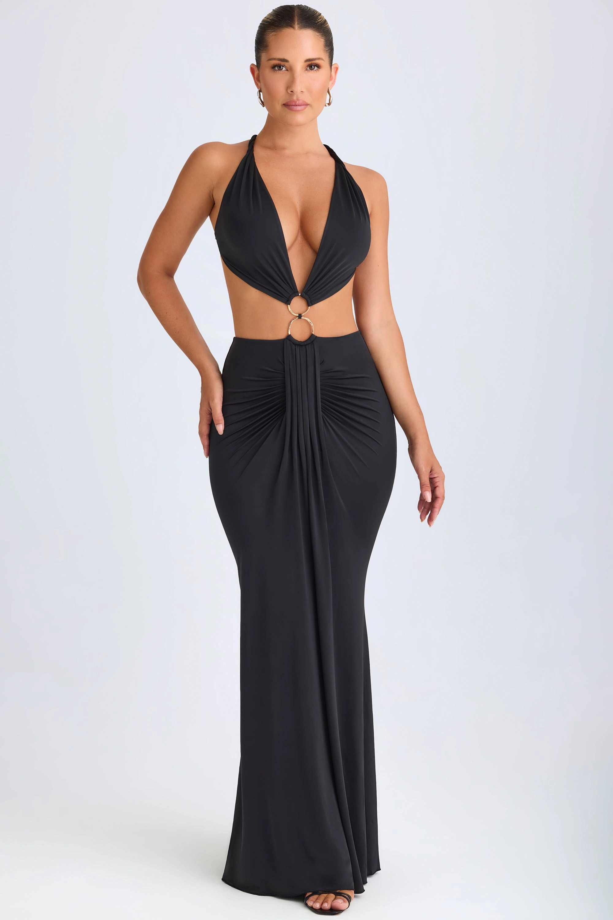 Hardware Detail Cut-Out Halterneck Maxi Dress in Black Dresses - sundresses outlet