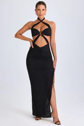 Hardware Detail Cut-Out Halterneck Maxi Dress in Black Dresses - sundresses outlet