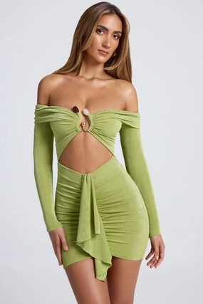 Hardware Detail Off-Shoulder Cut-Out Mini Dress in Olive Green Dresses - lace dresses best price