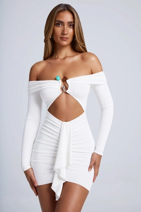 Hardware Detail Off-Shoulder Cut-Out Mini Dress in White Dresses - sundresses outlet