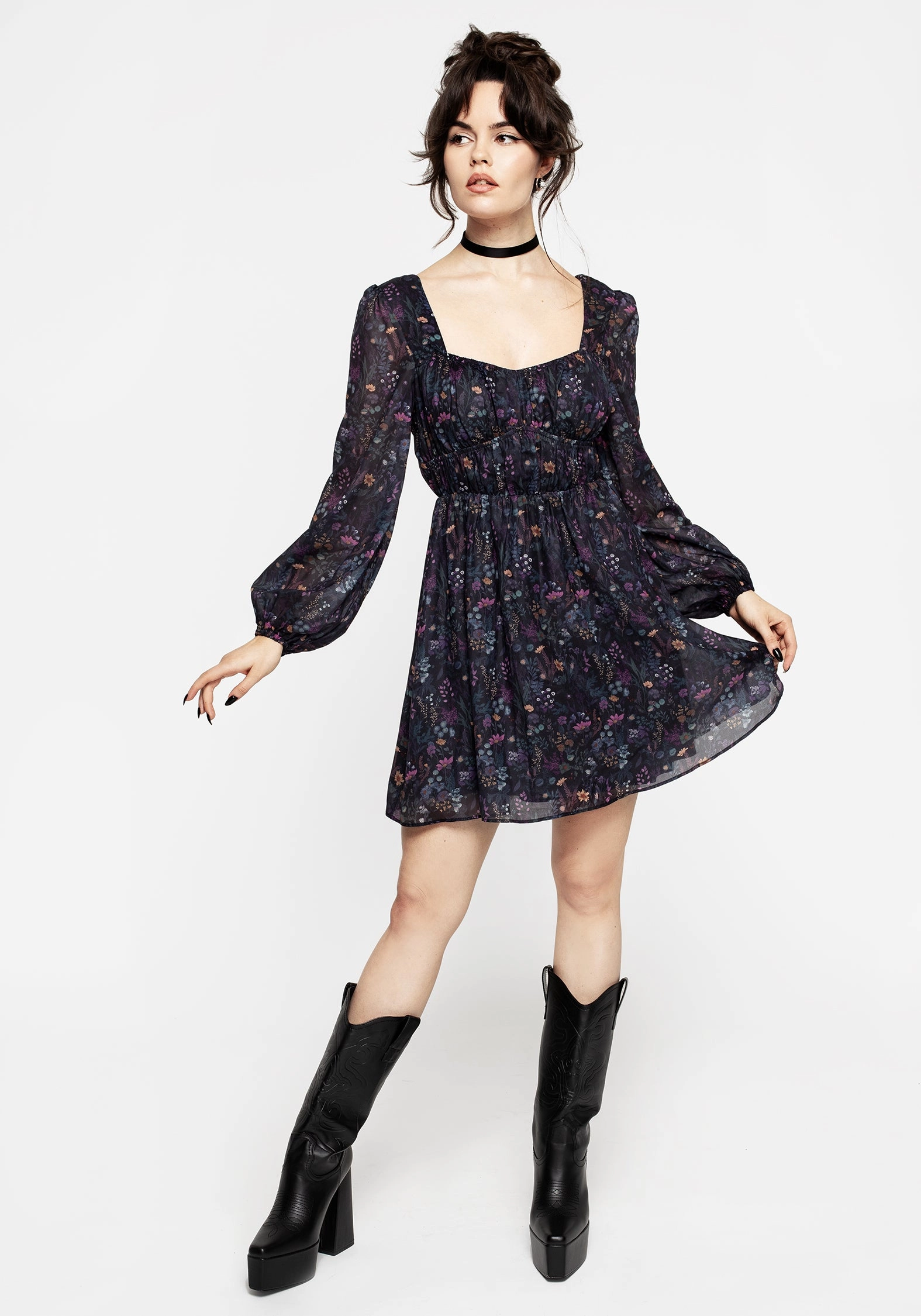 Heliotrope Floral Print Chiffon Mini Dress Dresses Womens - wedding guest outfits