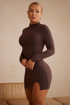 High Neck Long Sleeve Mini Dress in Chocolate Dresses - wrap dresses discount