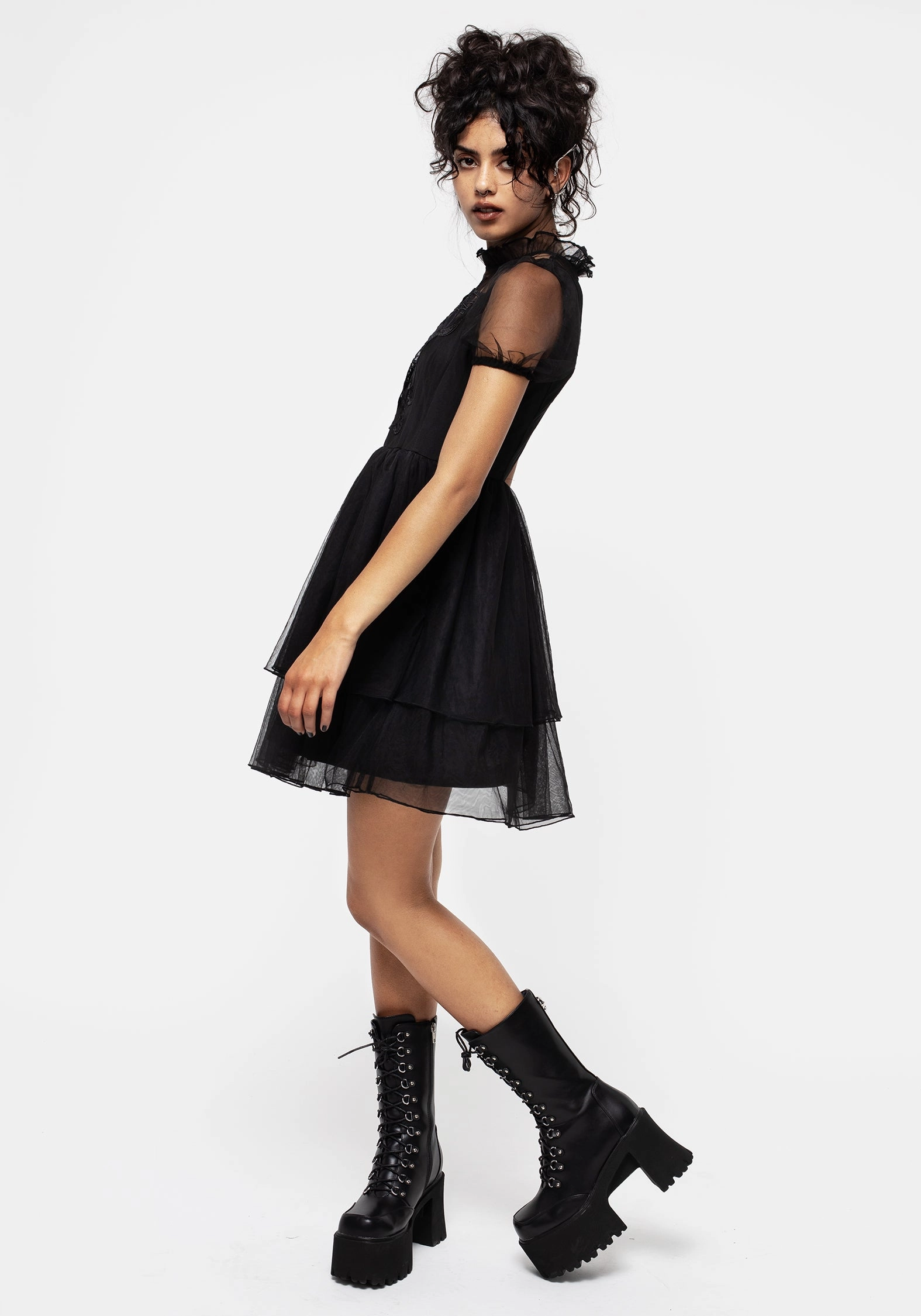 Hysteria Butterfly Applique Frill Neck Tulle Mini Dress