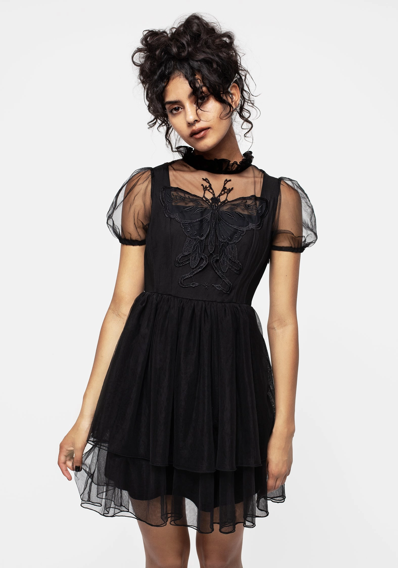 Hysteria Butterfly Applique Frill Neck Tulle Mini Dress Dresses Womens - summer dresses discount