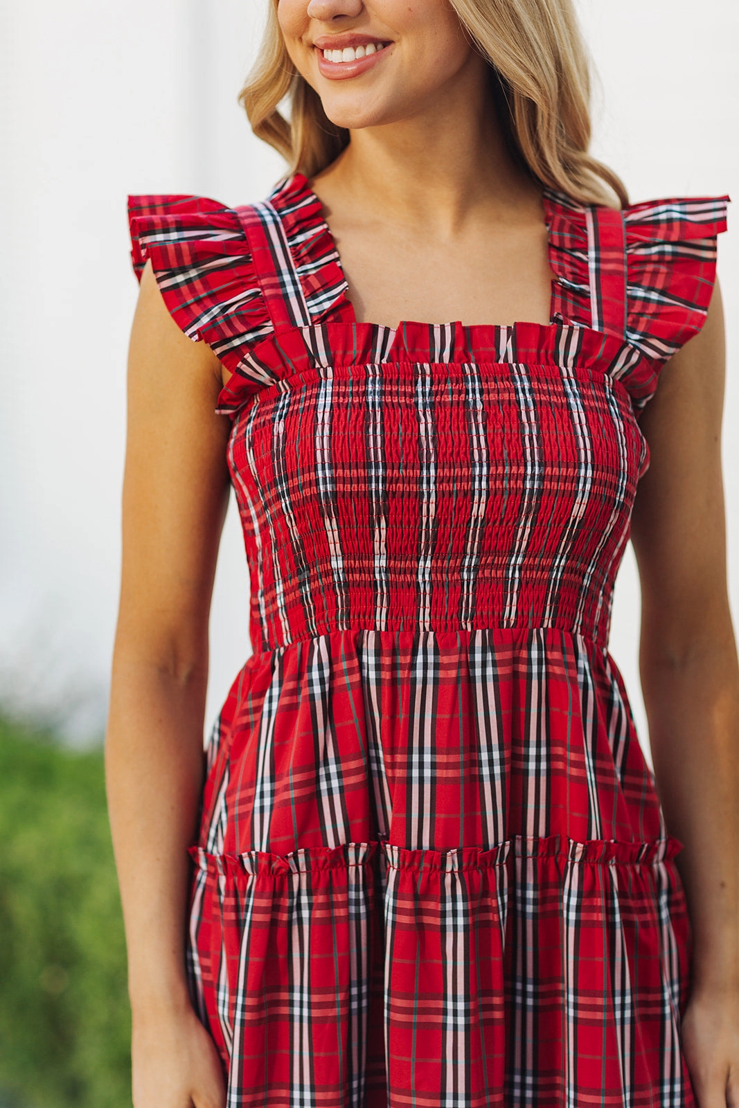 J. Marie Noelle Ruffle Strap Midi Dress - Red Mini Gingham