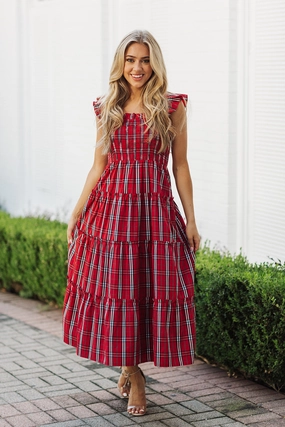 J. Marie Noelle Ruffle Strap Midi Dress - Red Mini Gingham maxi dresses clearance