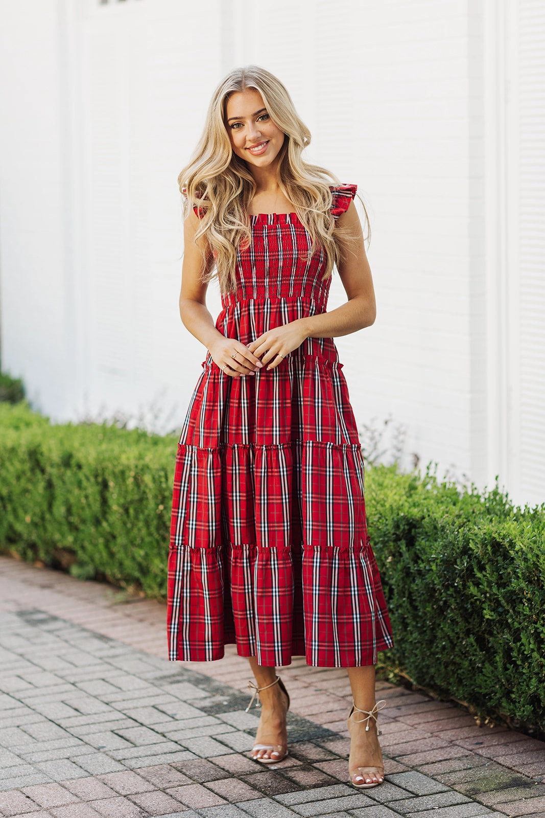 J. Marie Noelle Ruffle Strap Midi Dress - Red Mini Gingham