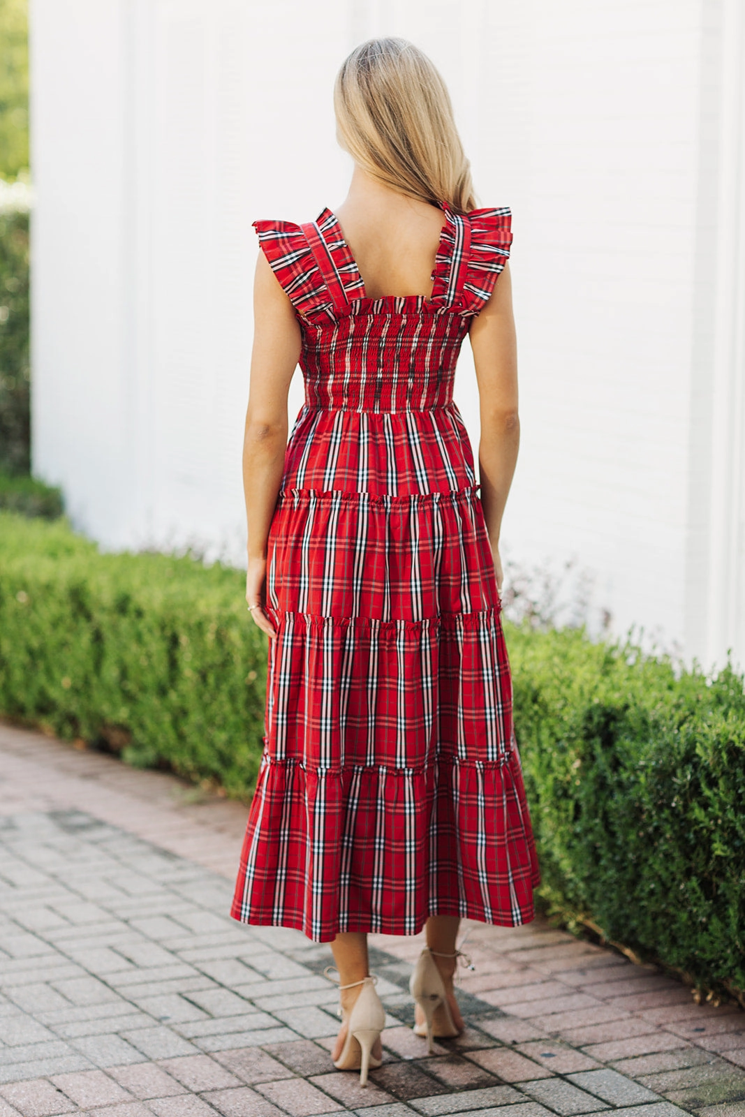 J. Marie Noelle Ruffle Strap Midi Dress - Red Mini Gingham