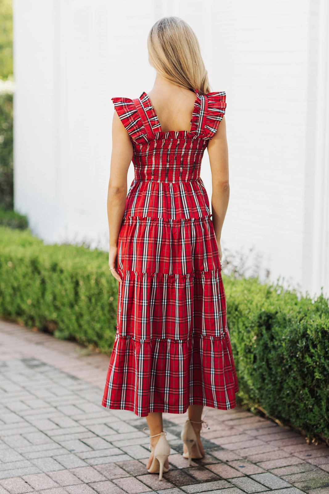J. Marie Noelle Ruffle Strap Midi Dress - Red Mini Gingham