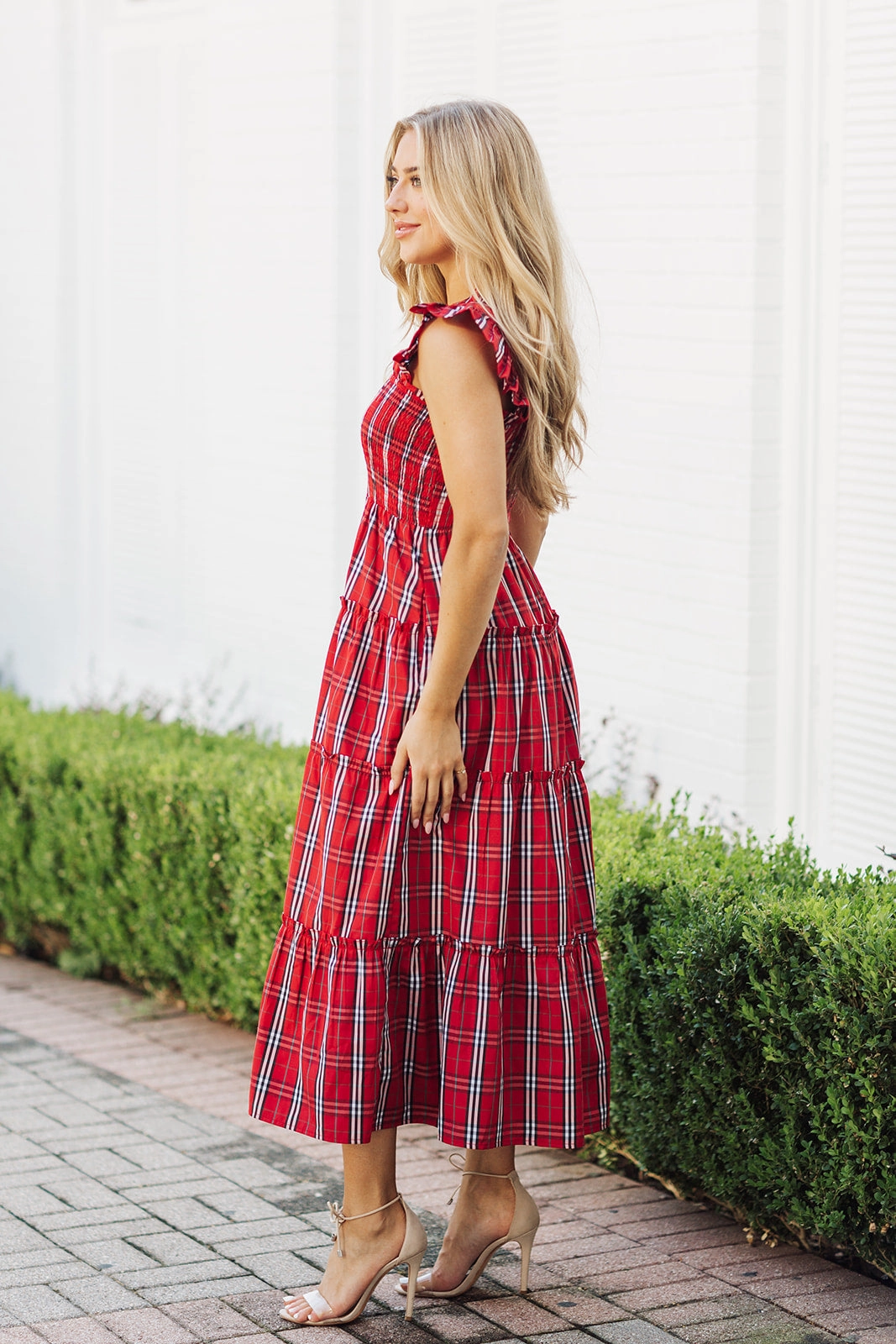 J. Marie Noelle Ruffle Strap Midi Dress - Red Mini Gingham