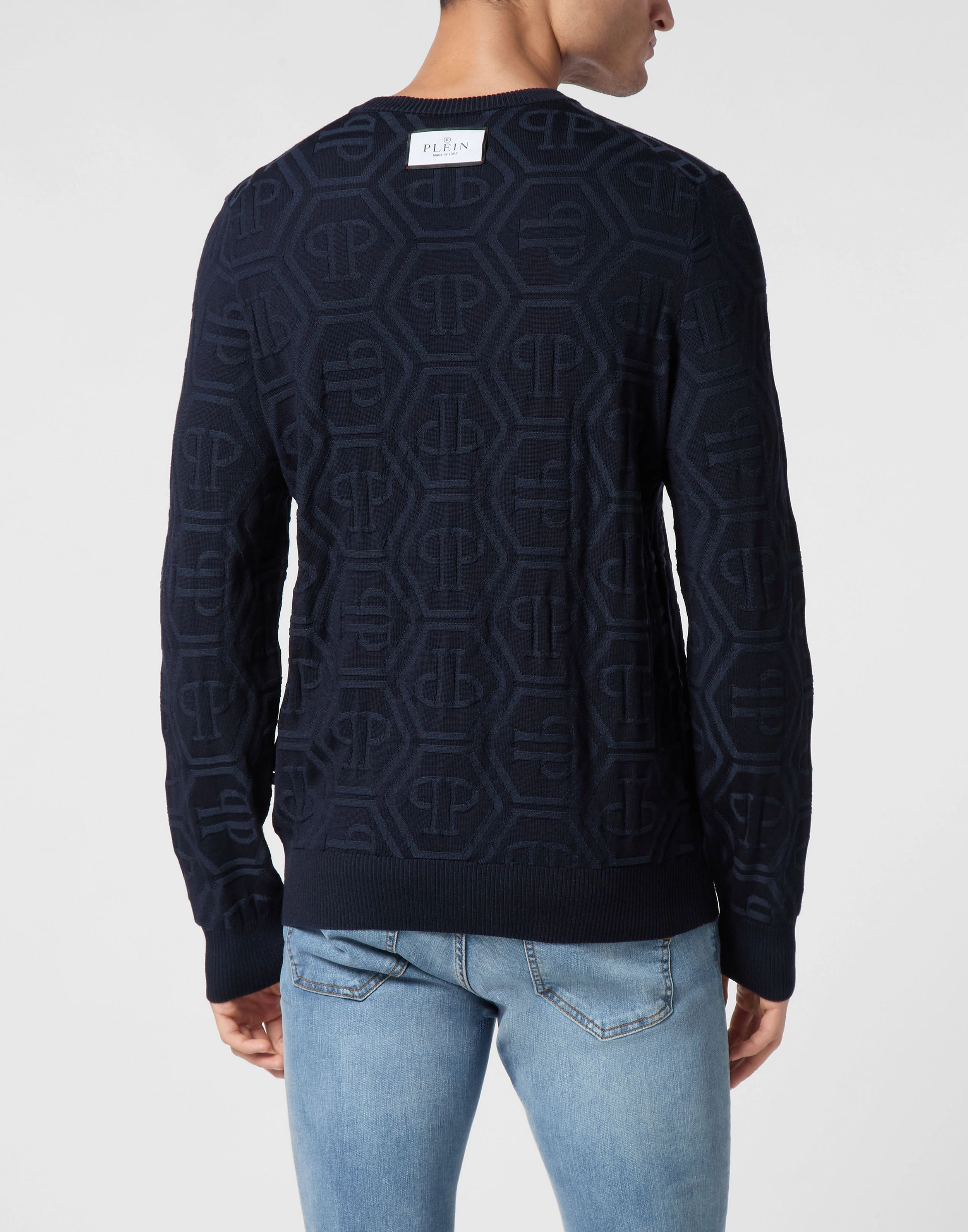 Jacquard Silk Wool Pullover Round Neck LS Monogram