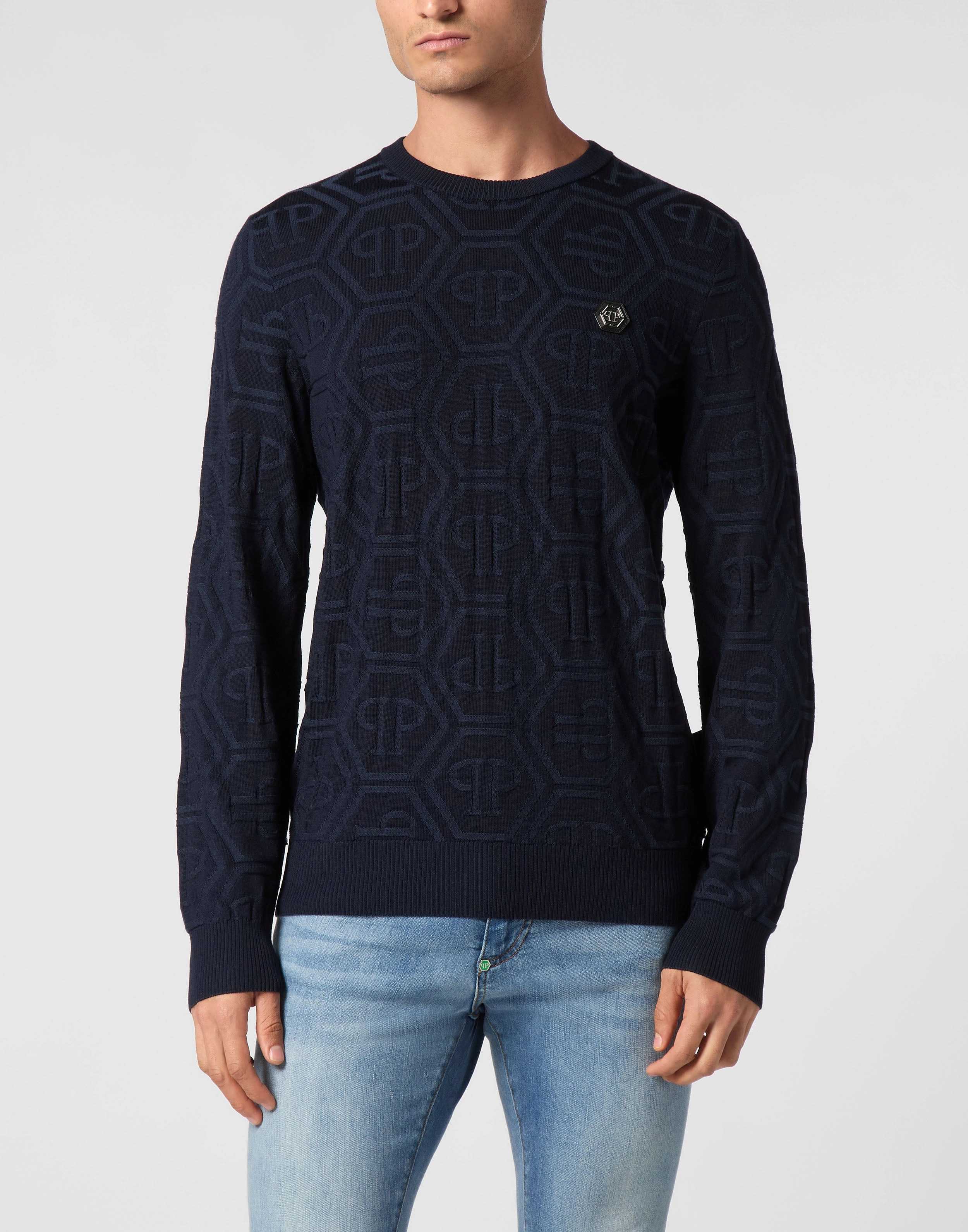 Jacquard Silk Wool Pullover Round Neck LS Monogram