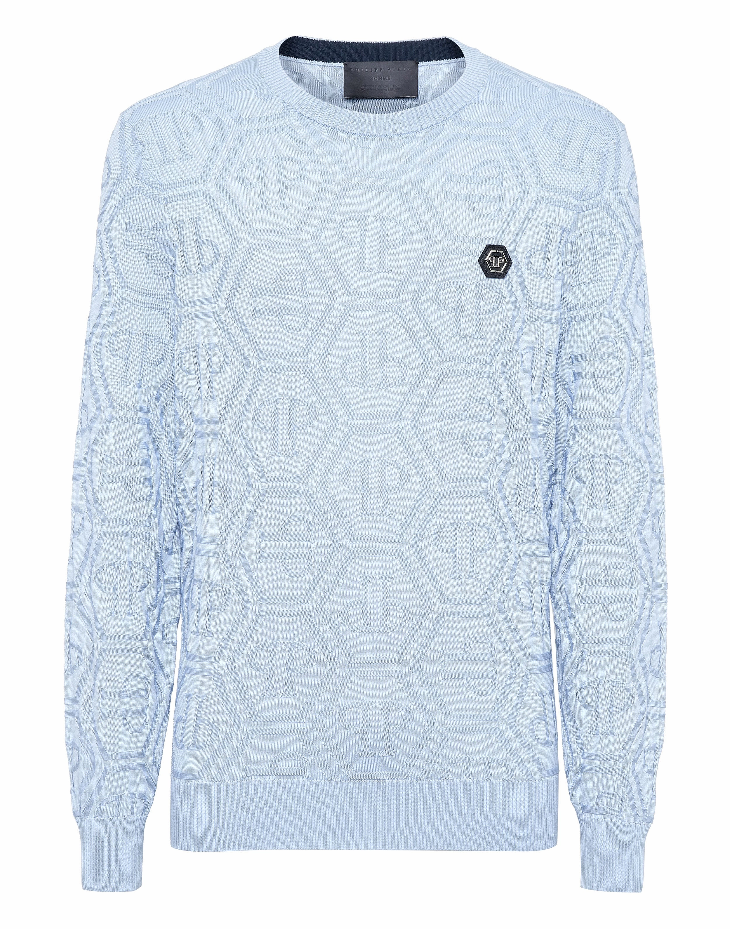 Jacquard Silk Wool Pullover Round Neck LS Monogram