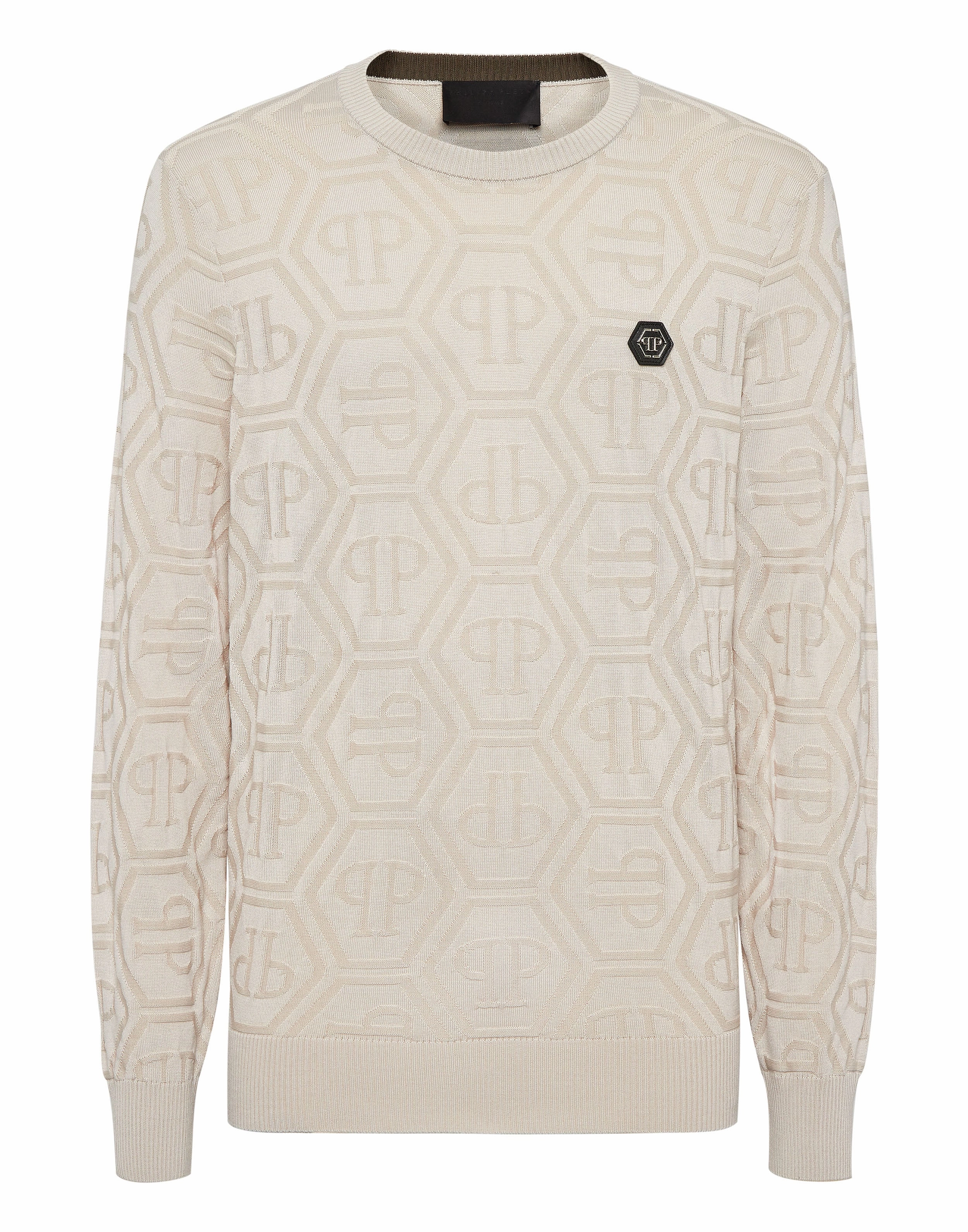Jacquard Silk Wool Pullover Round Neck LS Monogram