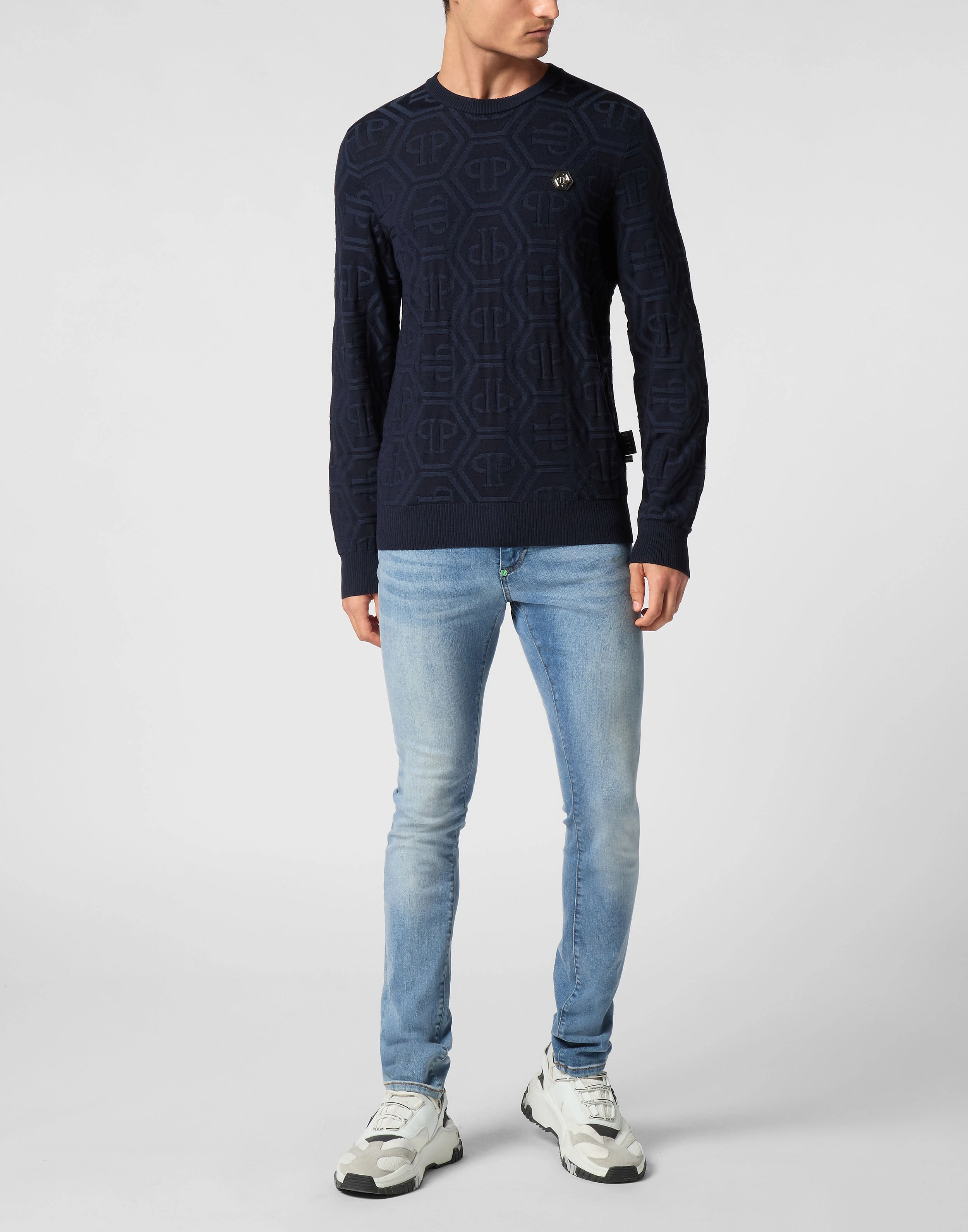 Jacquard Silk Wool Pullover Round Neck LS Monogram