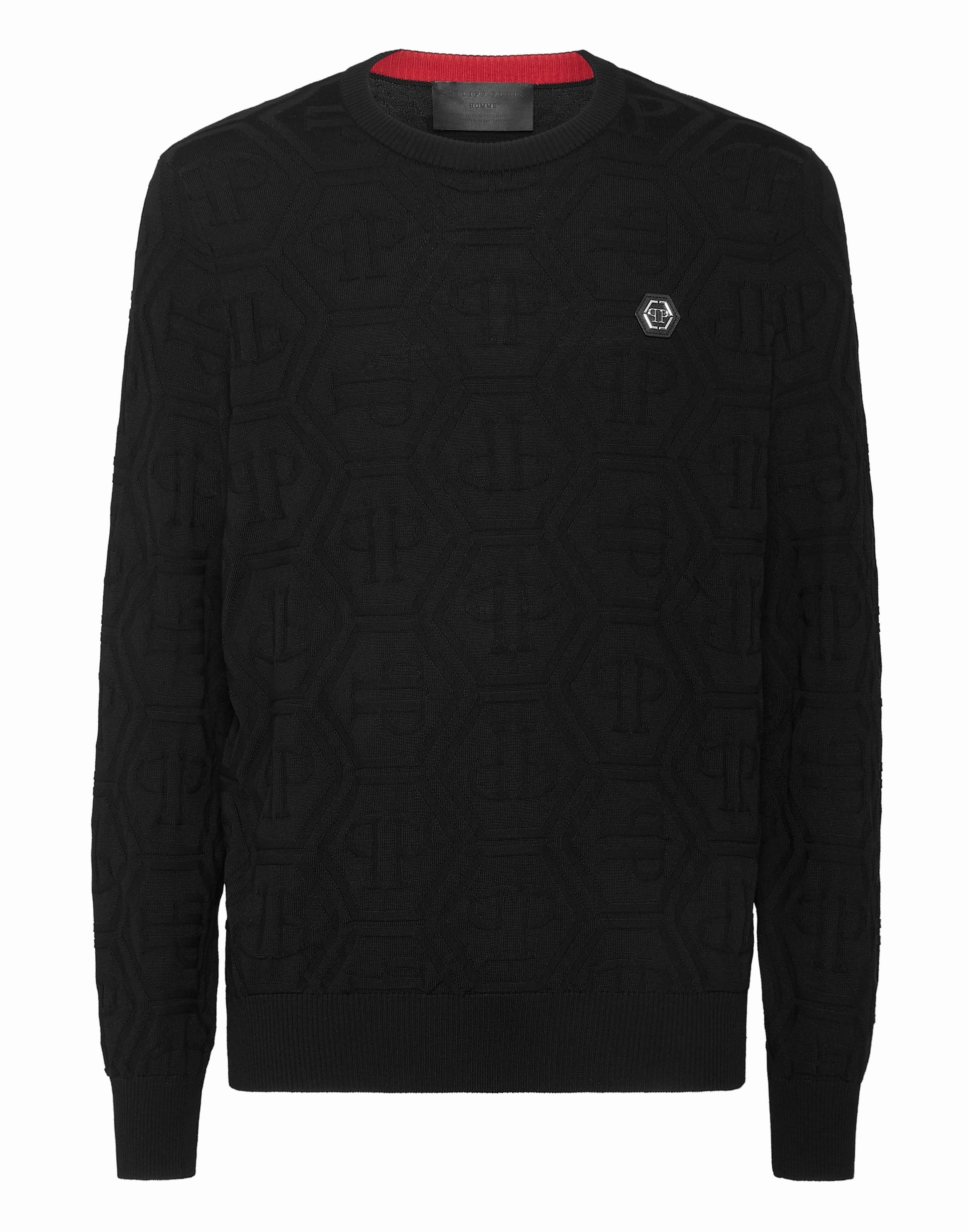 Jacquard Silk Wool Pullover Round Neck LS Monogram