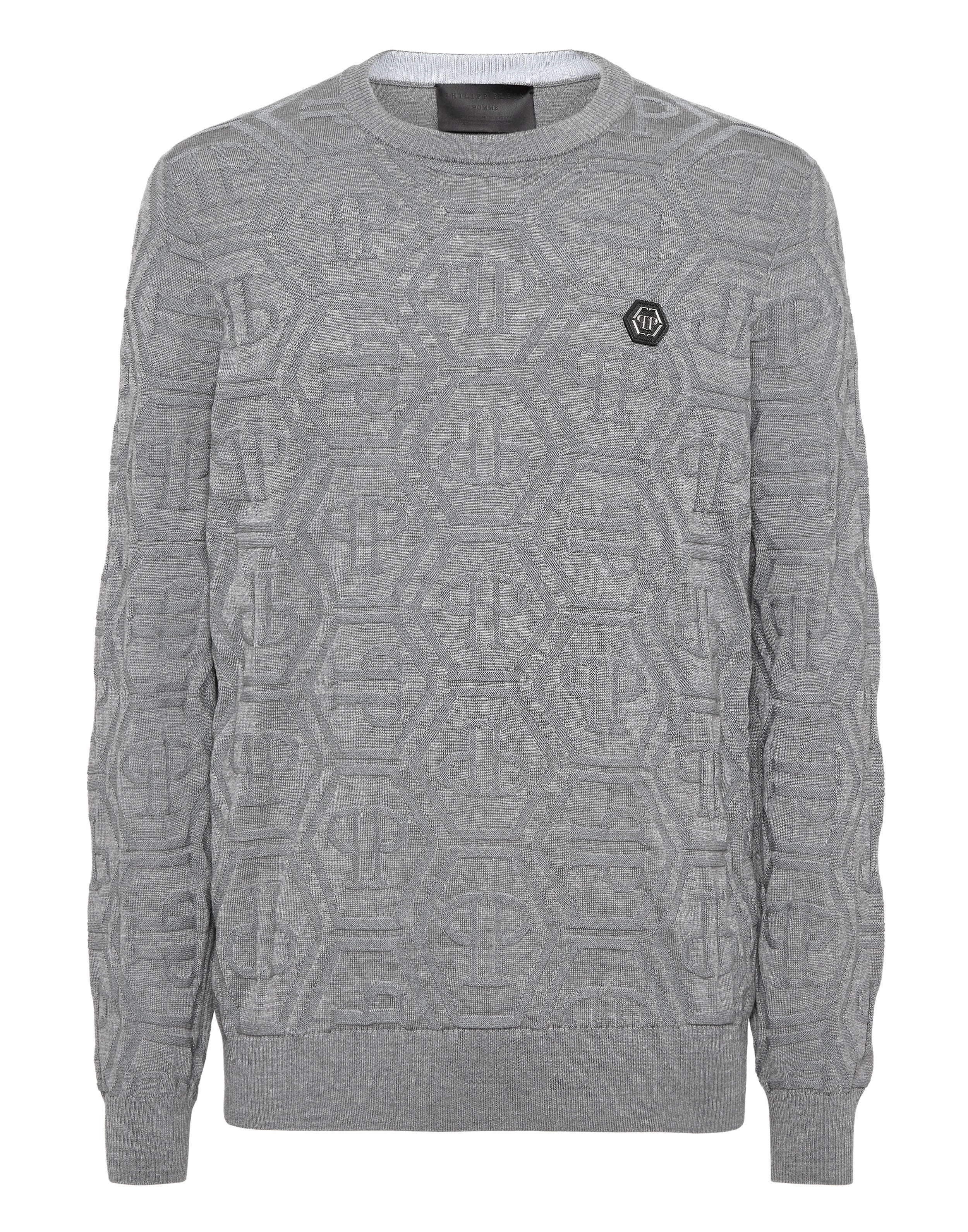Jacquard Silk Wool Pullover Round Neck LS Monogram