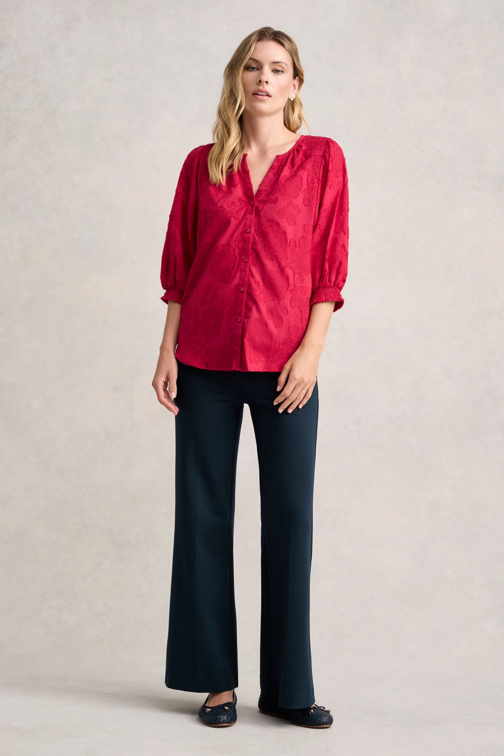 Jacquard Smocked Blouse - Rouge