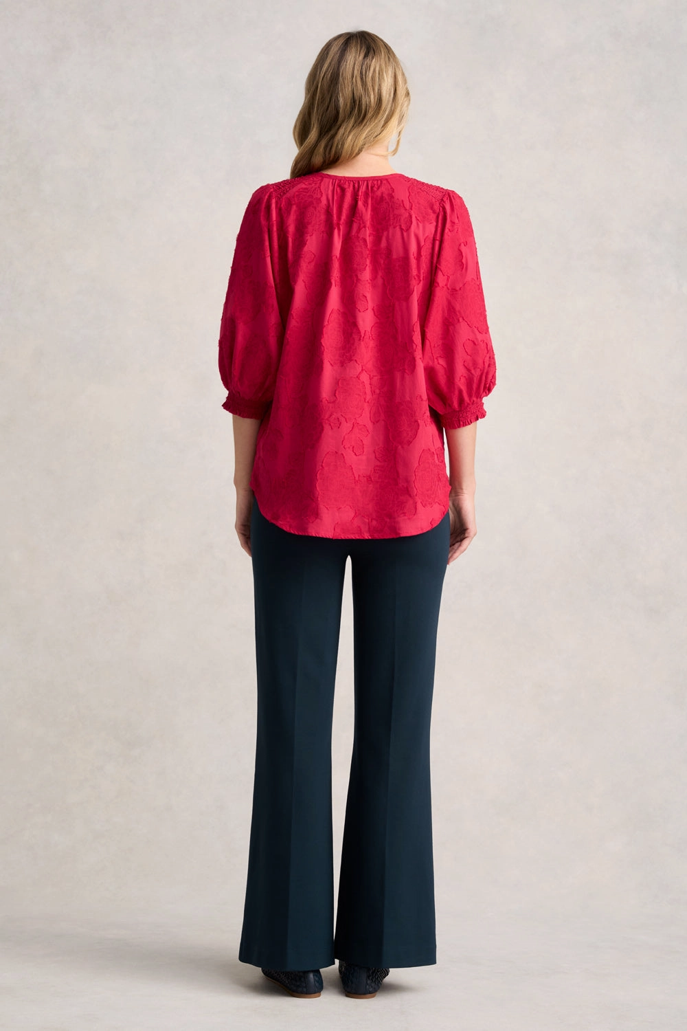 Jacquard Smocked Blouse - Rouge