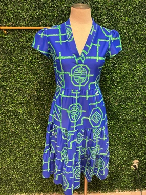 Jude Connally Libby Dress - Bamboo Lattice Cobalt/Grass womens gowns outlet
