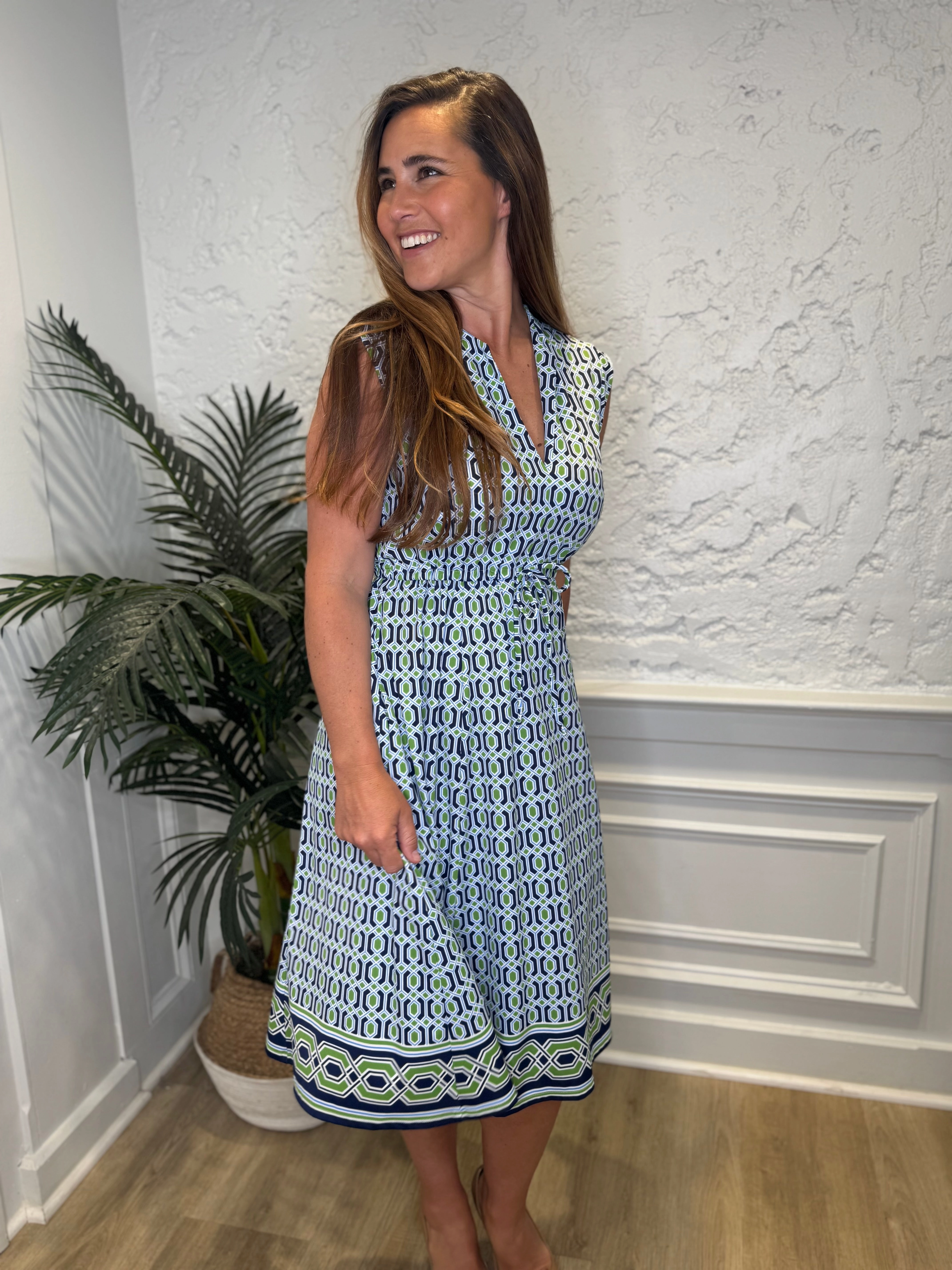 Jude Connally Tess Midi Dress - Terrace Geo Border Navy